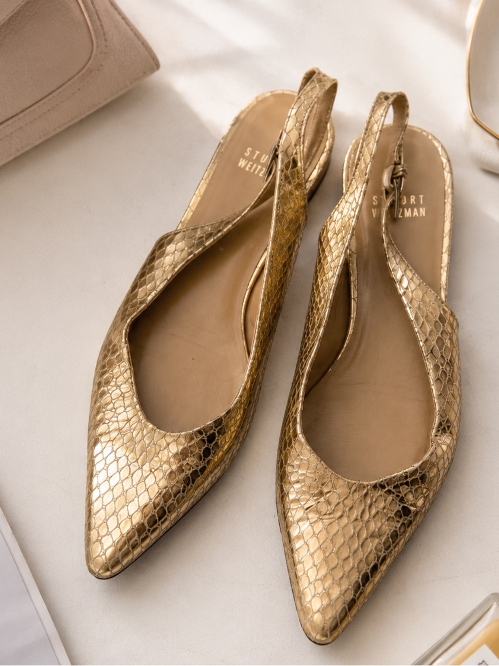 Stuart Weitzman gold metallic slingback flats snake-embossed pattern Sz 6.5 ✔️